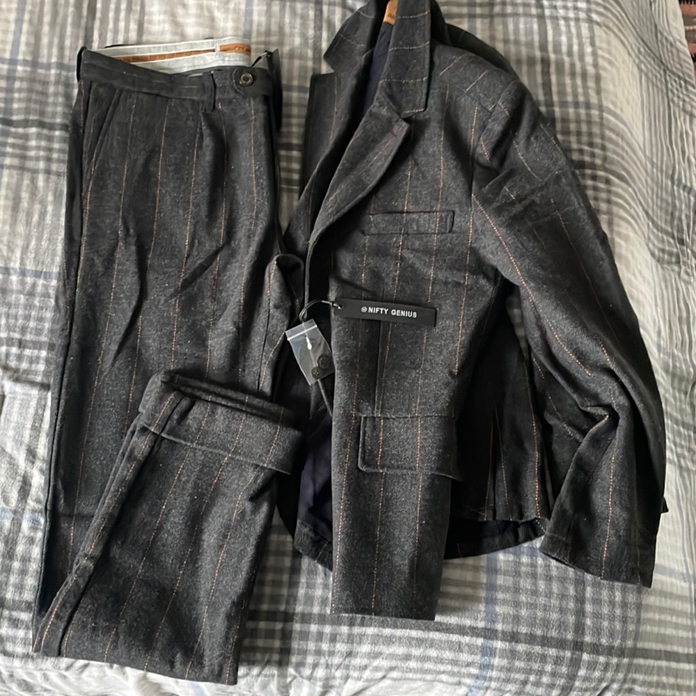 Nifty Genius: Wool Blazer and Theodore cuffed pants in Charcoal Stripe